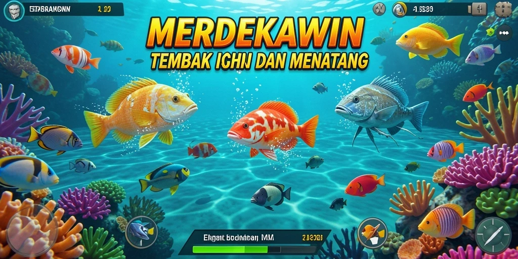 Screenshot permainan MERDEKAWIN menampilkan aksi menembak ikan yang seru.